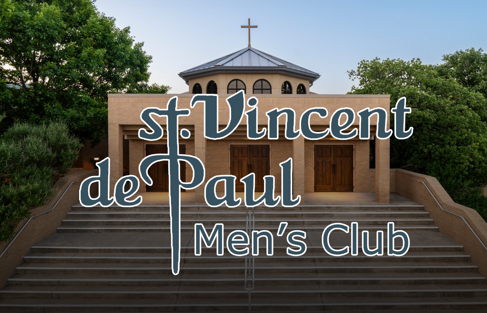 Photo of the front steps of Saint Vincent de Paul church and the Men's Club Logo